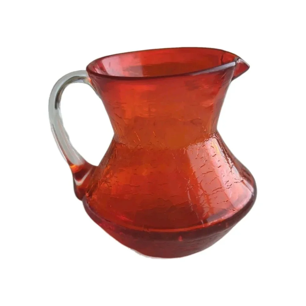 Vintage Red Hand Blown Crackle Glass Small Pitcher Creamer 3.5” Tall x 3.25